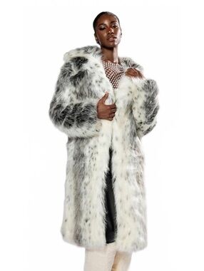 Azalea Wang Long Faux Fur Coat in White and Gray